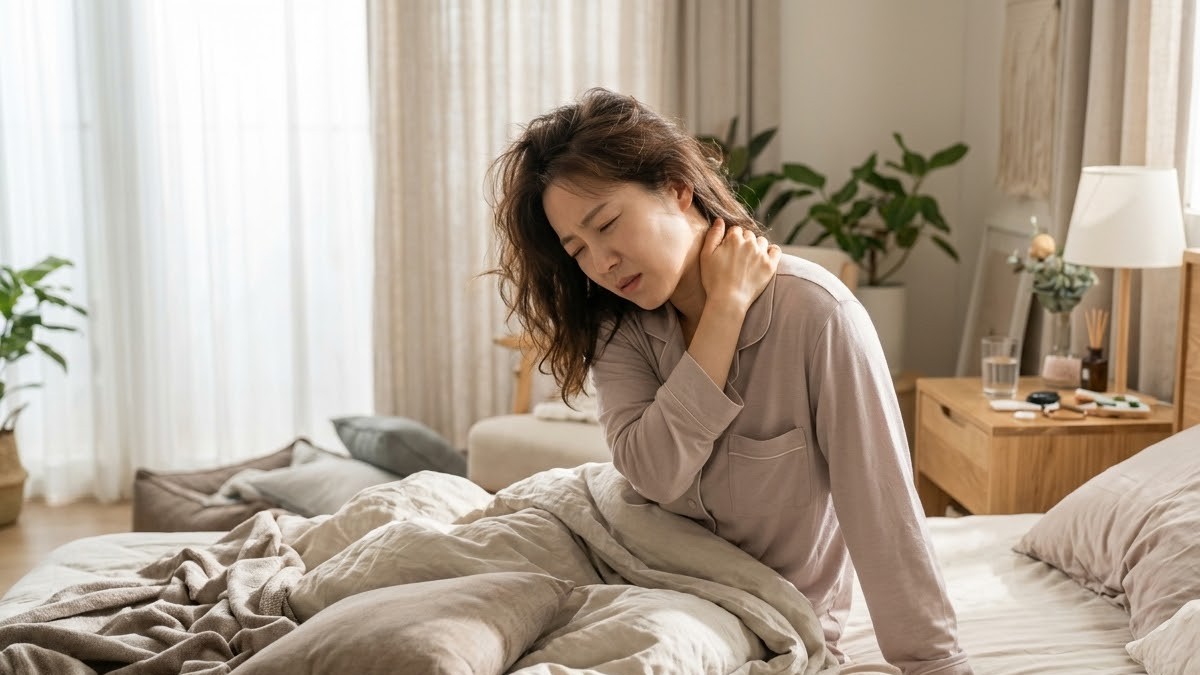 아침에 일어나며 목과 등이 결려 불편해하는 여성