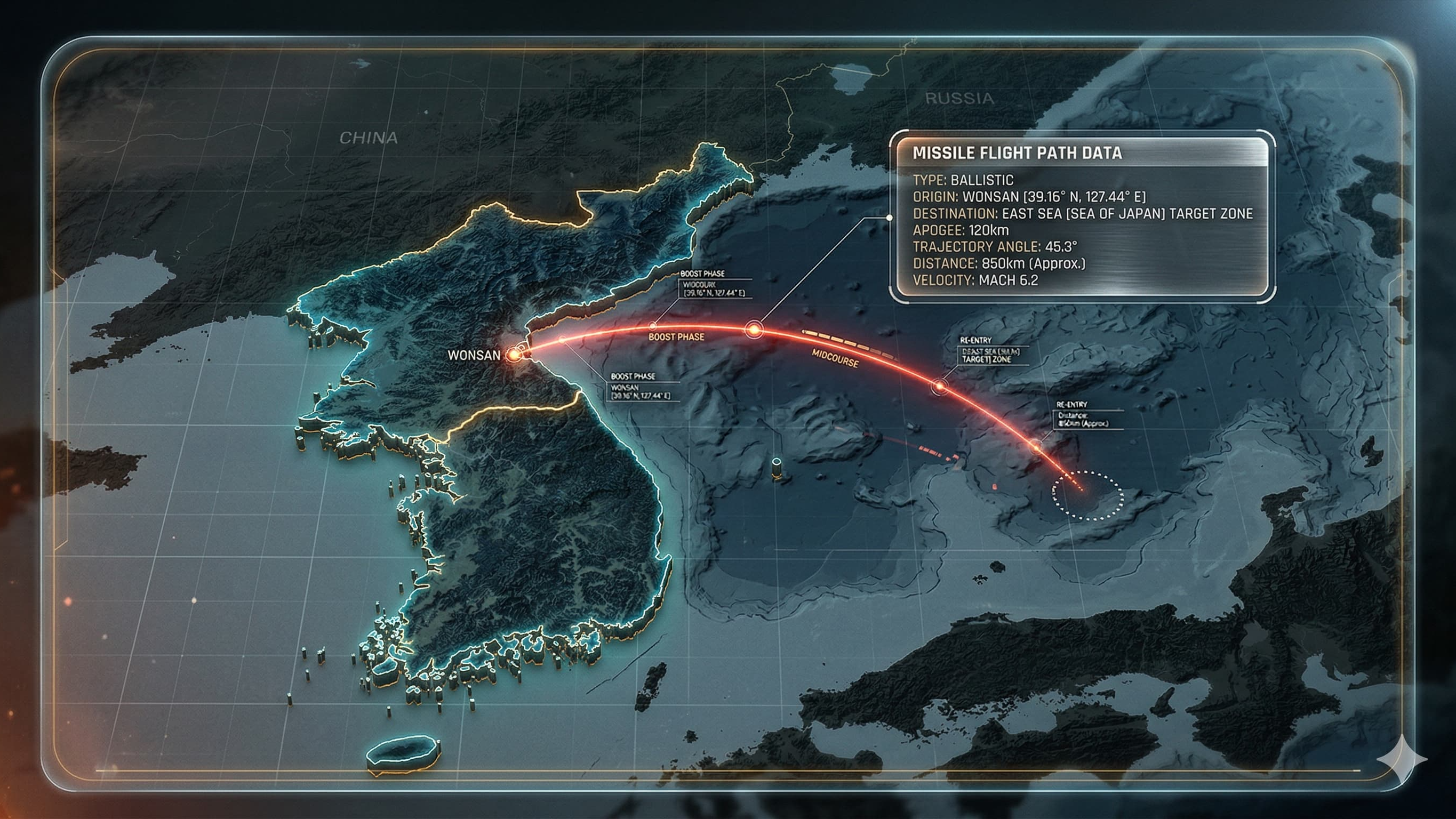 원산에서 발사된 미사일의 동해상 비행 궤적 및 사정권 분석 맵