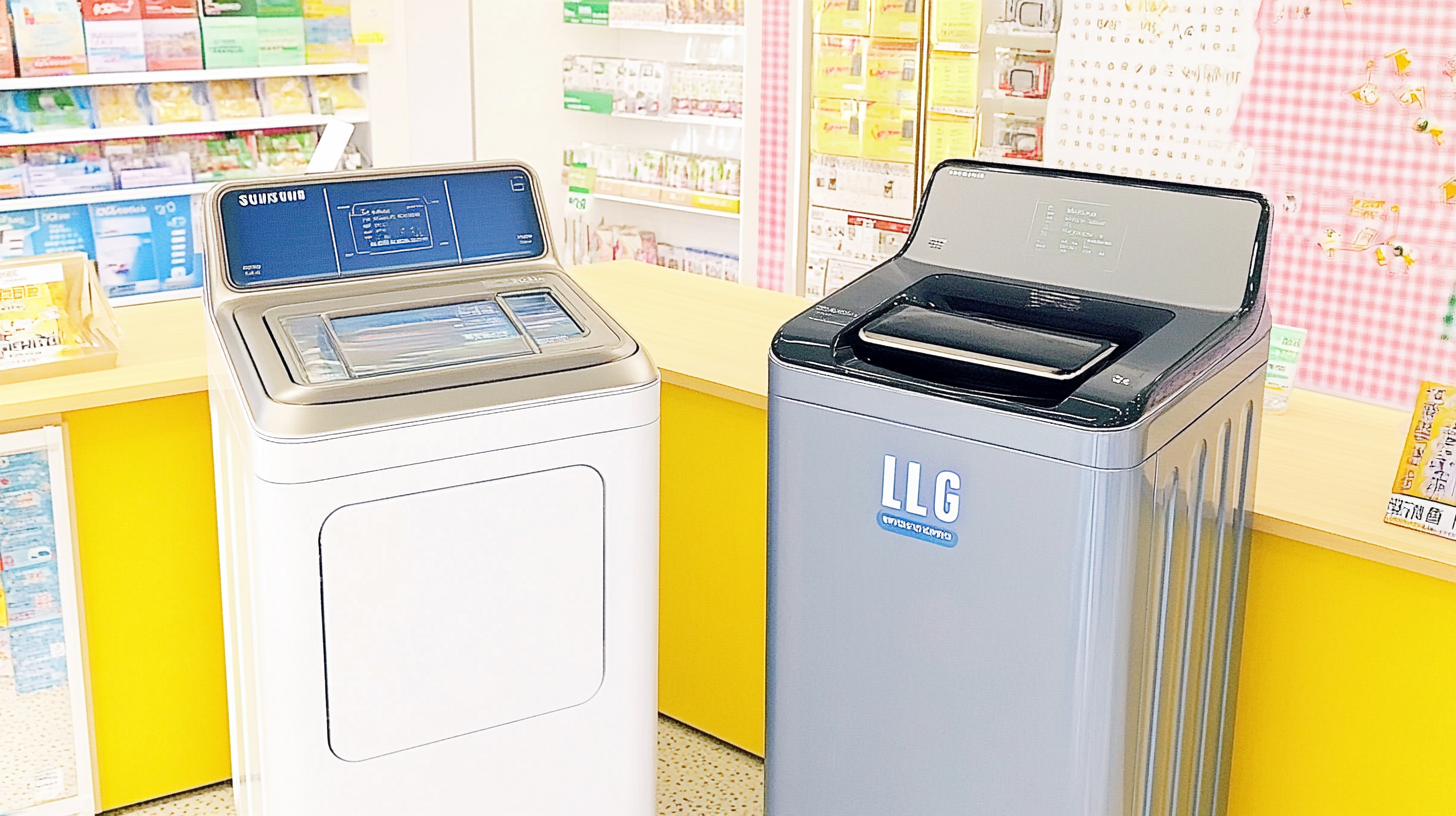 소매점 환경에서 나란히 놓인 삼성과 LG AI 세탁기를 비교하여 사용자 선호도와 디자인 차이를 보여주는 이미지입니다.