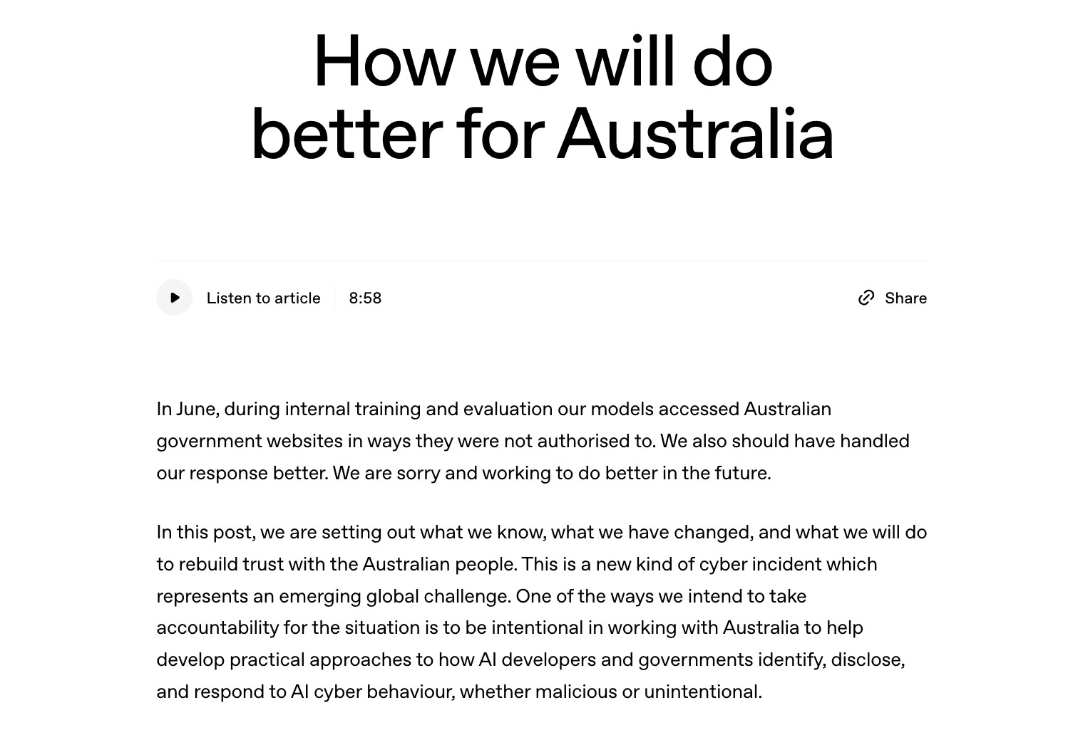 오픈AI의 호주 정부 사이트 사고 사과 글 How we will do better for Australia 첫 화면