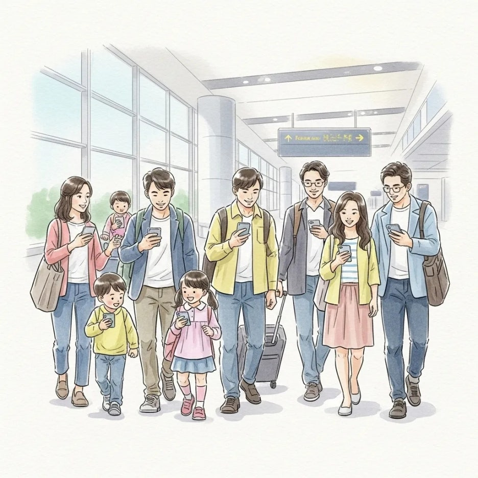 온라인으로 입국 서류를 함께 준비하는 즐거운 여행객들