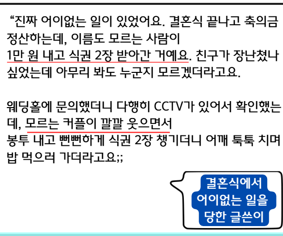 결혼식에 축의금 1만 내고 밥 2그릇 먹은 커플, 신고