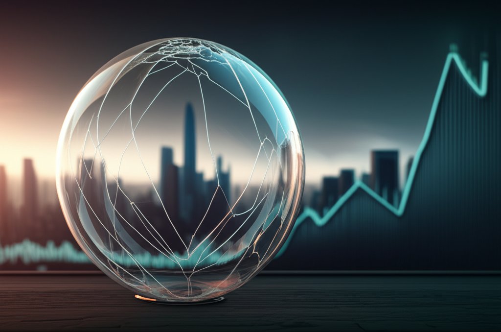 코스피 시장의 심각한 버블 위험을 경고하는 금이 간 거품과 금융 그래프, 히어로 시네마틱 스타일