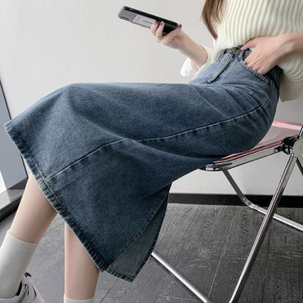 뒷트임 A라인 미디 롱 데님 스커트 하이웨스트 청 치마