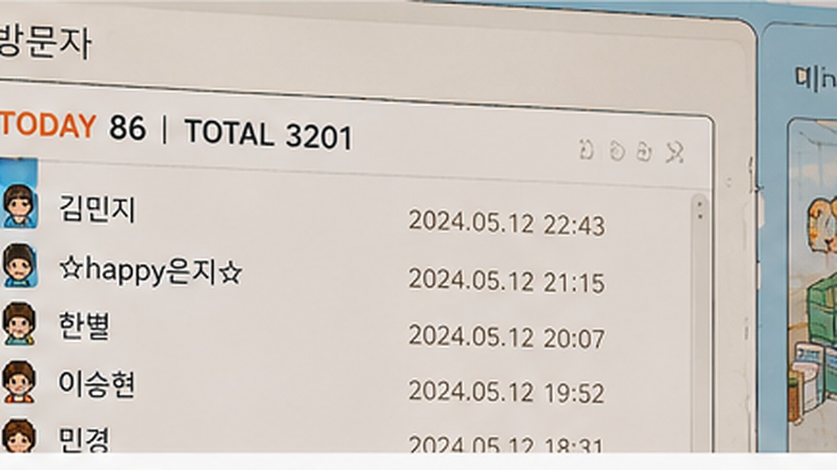 미니홈피 화면에 여러 방문자의 이름과 방문 시간이 목록으로 표시된 재현 장면