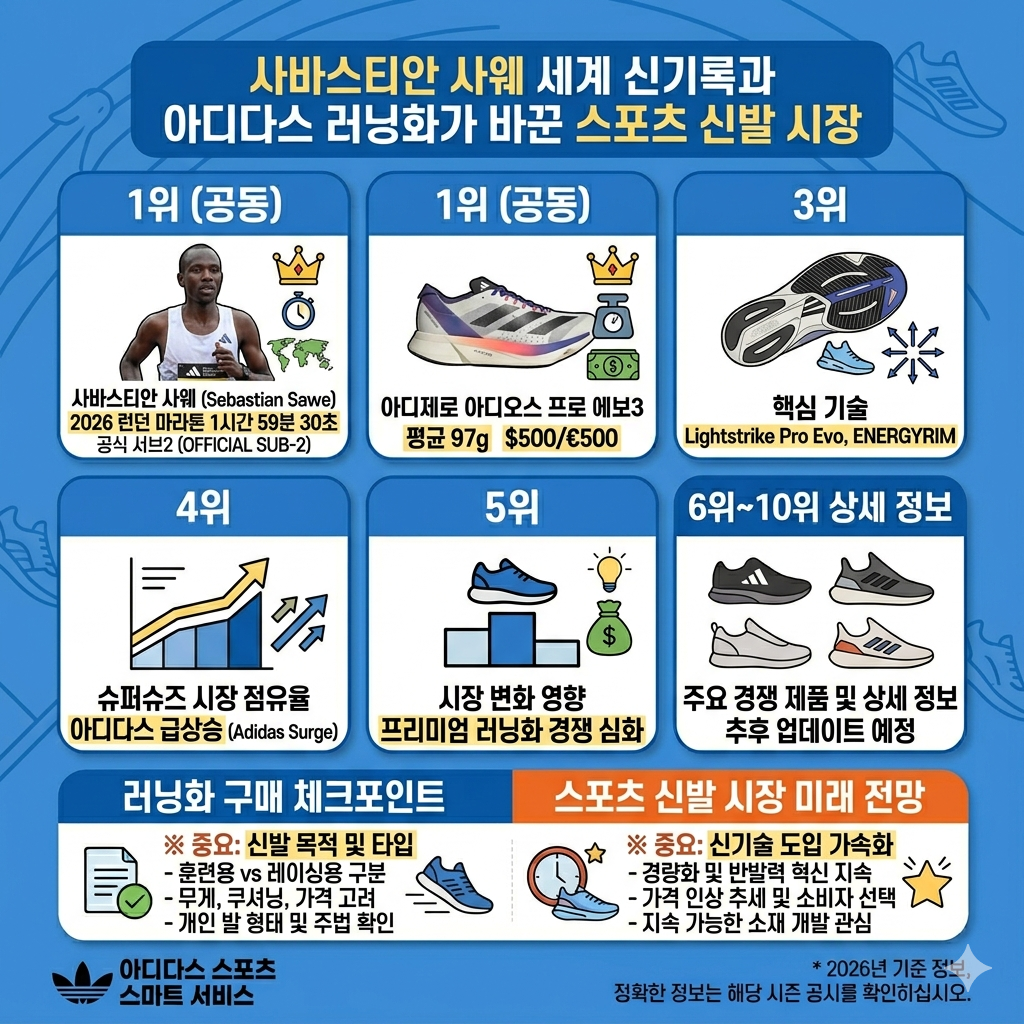 사바스티안 사웨 세계 신기록과 아디다스 러닝화가 바꾼 스포츠 신발 시장 인포그래픽