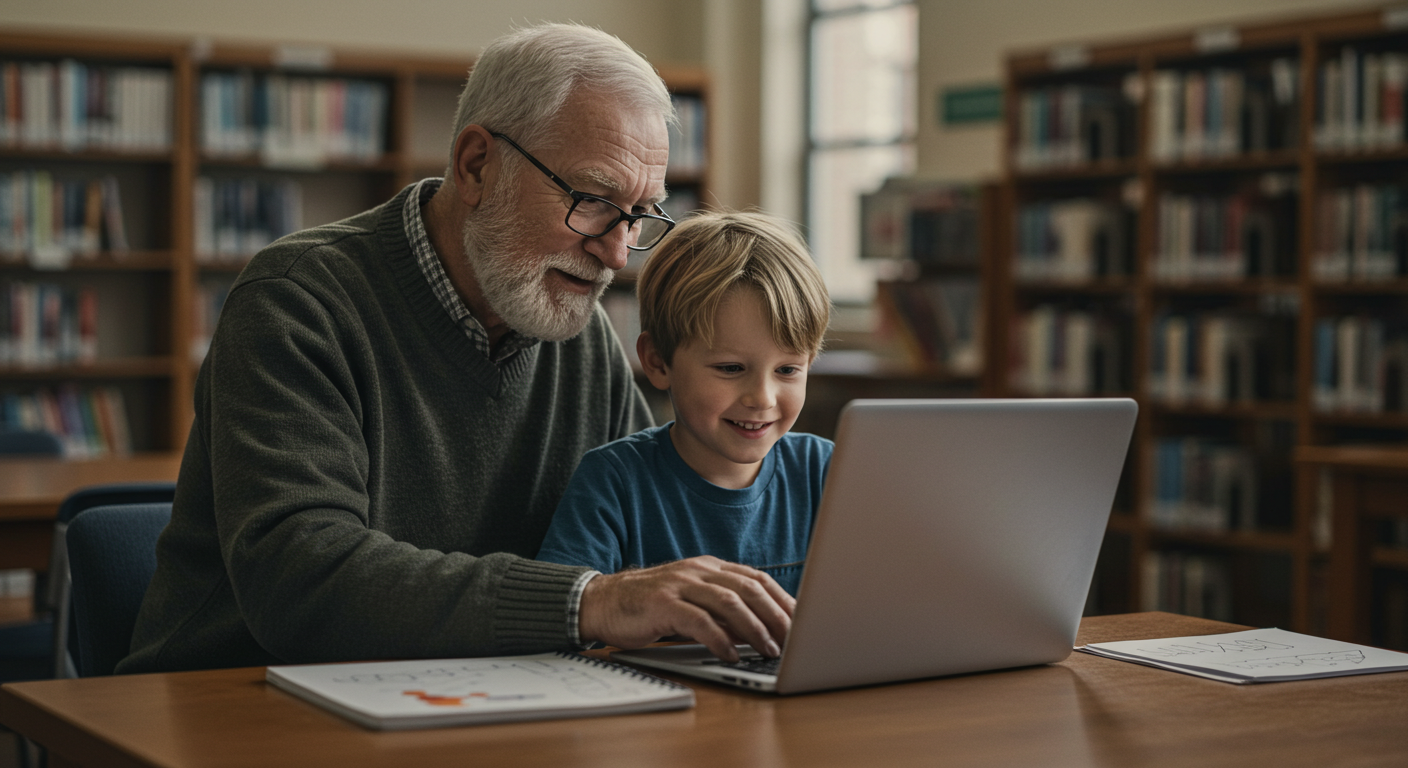 손자와 노트북을 함께 하고 있는 할아버지