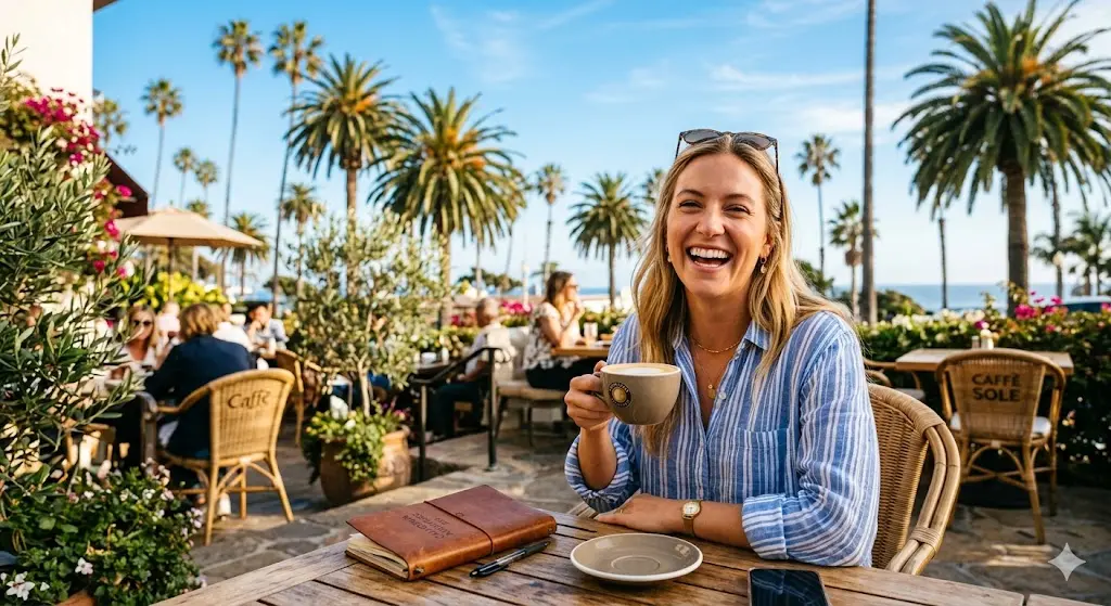 미국 캘리포니아의 맑은 하늘 아래 해변가 노천카페에서 여유롭게 커피를 마시며 웃고 있는 여행객