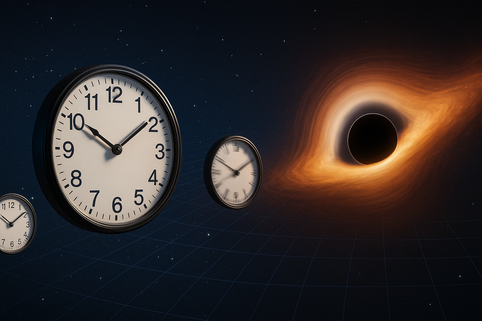블랙홀 주위에서 시계(시간측정기)가 서로 다른 속도로 가는 모습