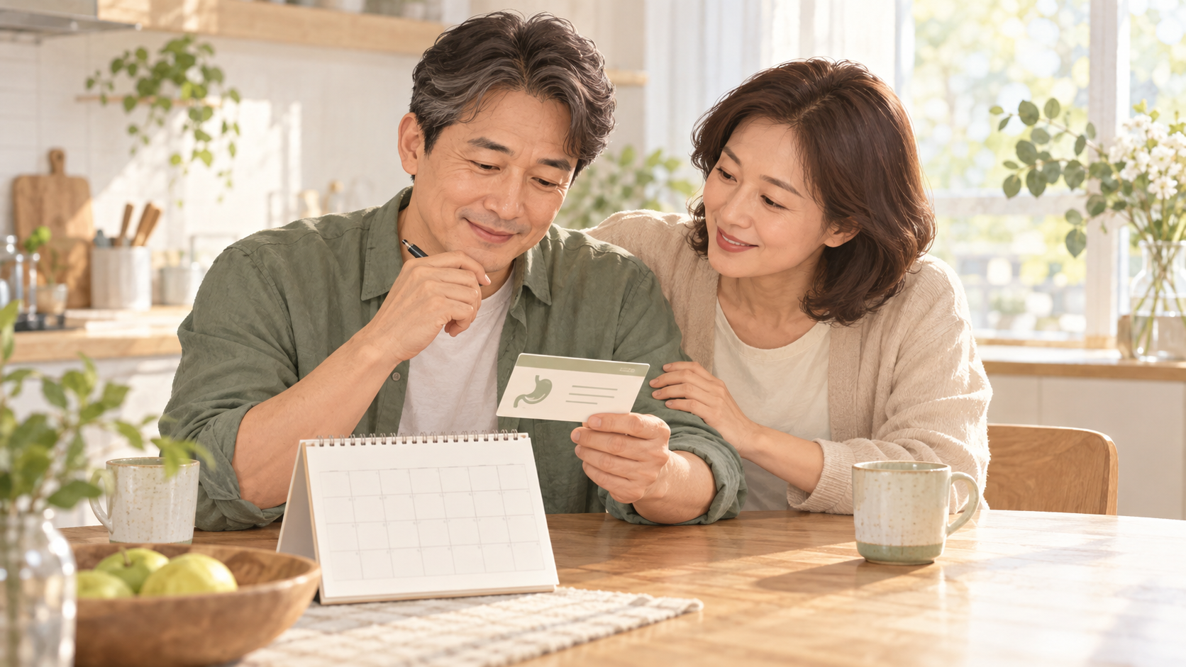 중년 부부가 집에서 달력을 보며 위암 검진 날짜를 확인하는 모습.