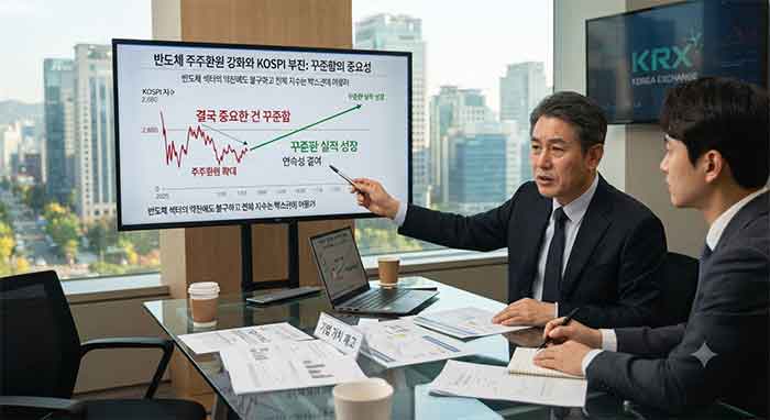반도체 주주환원과 코스피 부진을 분석하는 회의 장면.