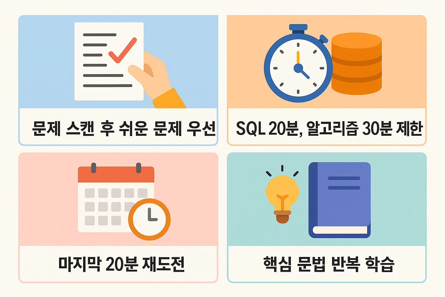 문제 스캔 후 쉬운 문제 우선, SQL 20분&middot;알고리즘 30분 제한, 핵심 문법 반복 등 실전 시간 관리 전략을 정리한 인포그래픽입니다.