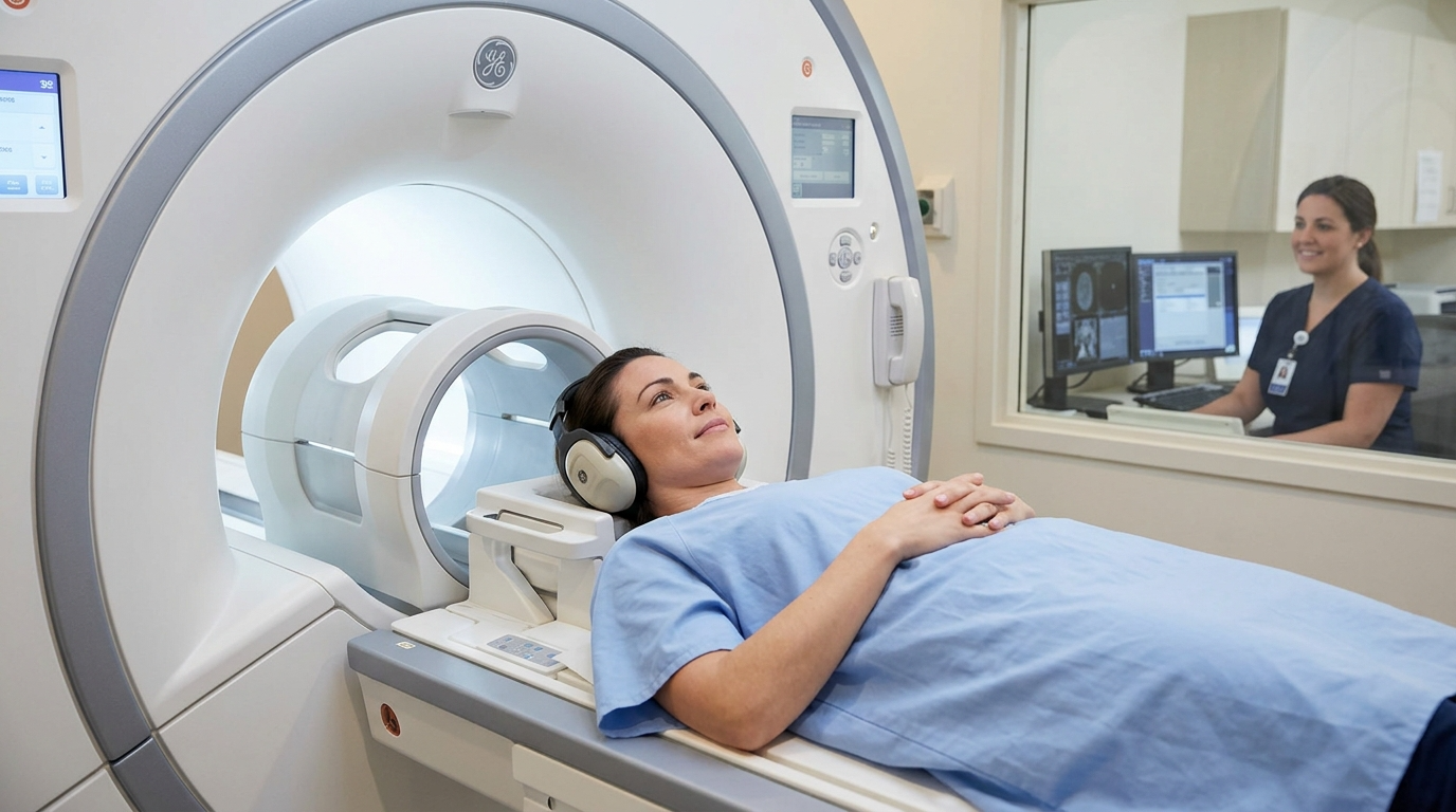 MRI 기기에 누워 검사를 준비하는 환자와 외부 조종실에서 모니터링 중인 의료 기술자