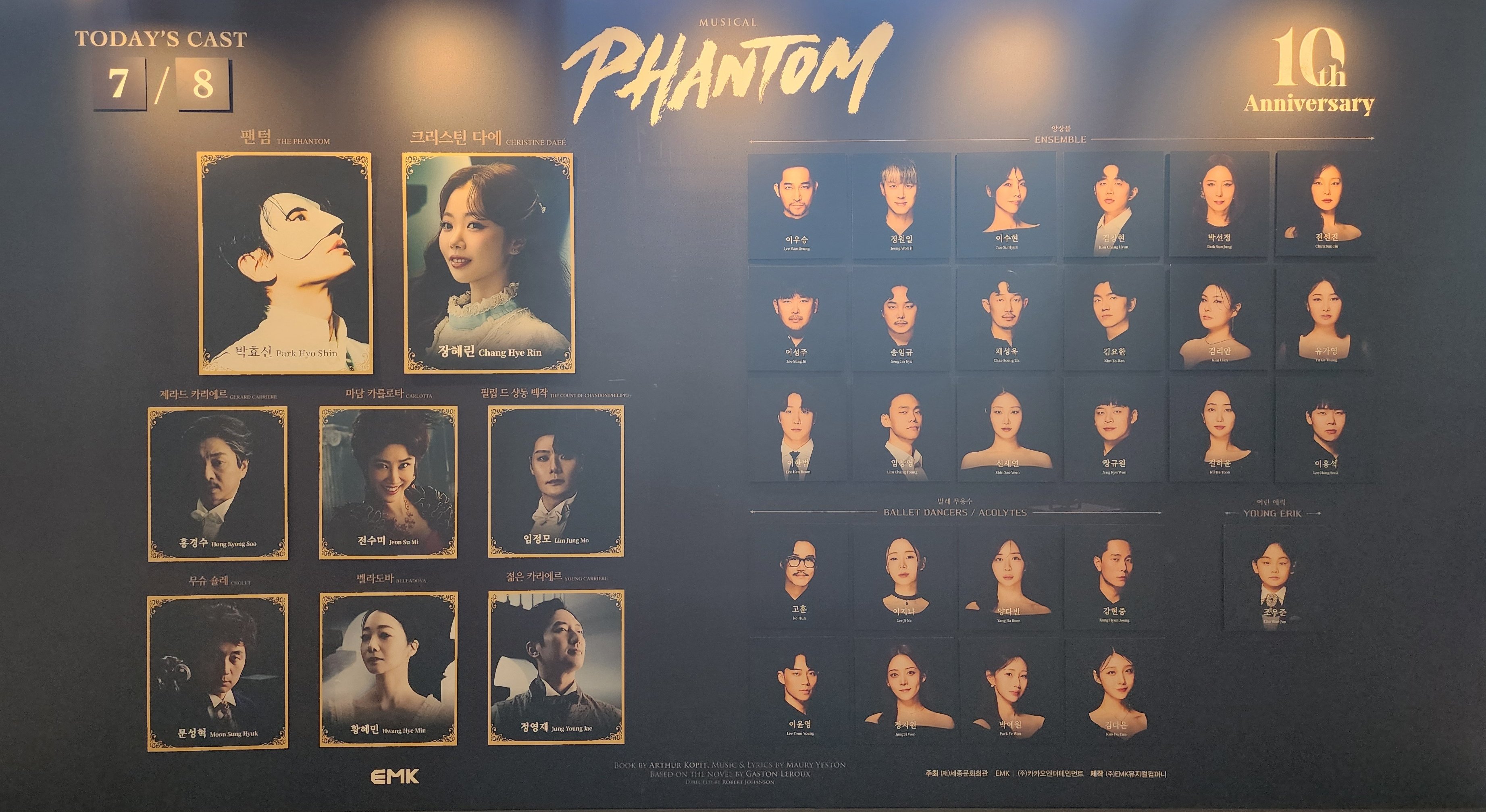2025년 7월 8일 뮤지컬 팬텀 캐스팅 보드
팬텀 역 - 박효신
크리스틴 다에 역 - 장혜린
제라드 까리에르 역 - 홍경수
마담 카를로타 역 - 전수미
필립 드 샹동 백작 역 - 임정모
무슈 숄레 역 - 문성혁
벨라도바 역 - 황혜민
젊은 카리에르 역 - 정영재
어린 에릭 역 - 조우준
앙상블 - 이우승, 정원일, 이수현, 김창현, 박선정, 전선진, 이성주, 송임규, 채성욱, 김요한, 김리안, 유가영, 이한범, 임창영, 신새연, 장규원, 길하윤, 이홍석
발레 무용수- 고훈, 이지나, 양다빈, 강현중, 이윤영, 정지원, 박예원, 김다은
