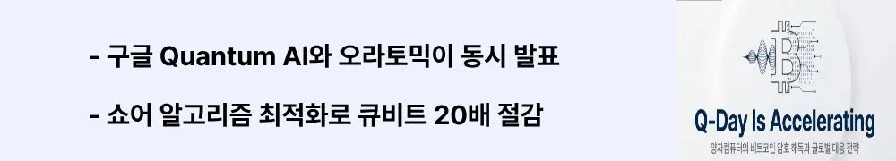"구글 Quantum AI와 오라토믹이 동시 발표"라는 문구가 포함된 웹배너 이미지. 이 이미지는 쇼어 알고리즘 최적화를 통해 ECC-256 해독에 필요한 큐비트 수가 대폭 줄어든 연구 결과를 시각적으로 전달하며, 블로그의 양자컴퓨터 암호 해독 연구와 관련된 내용을 설명함 (Google Oratomic Shor algorithm ECC-256 qubit optimization)