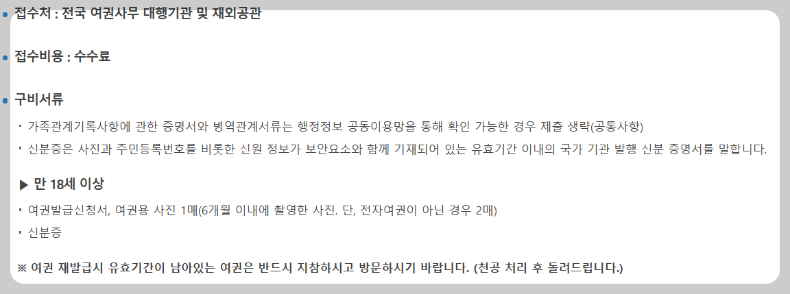 여권 신청 비용과 18세 이상 구비서류