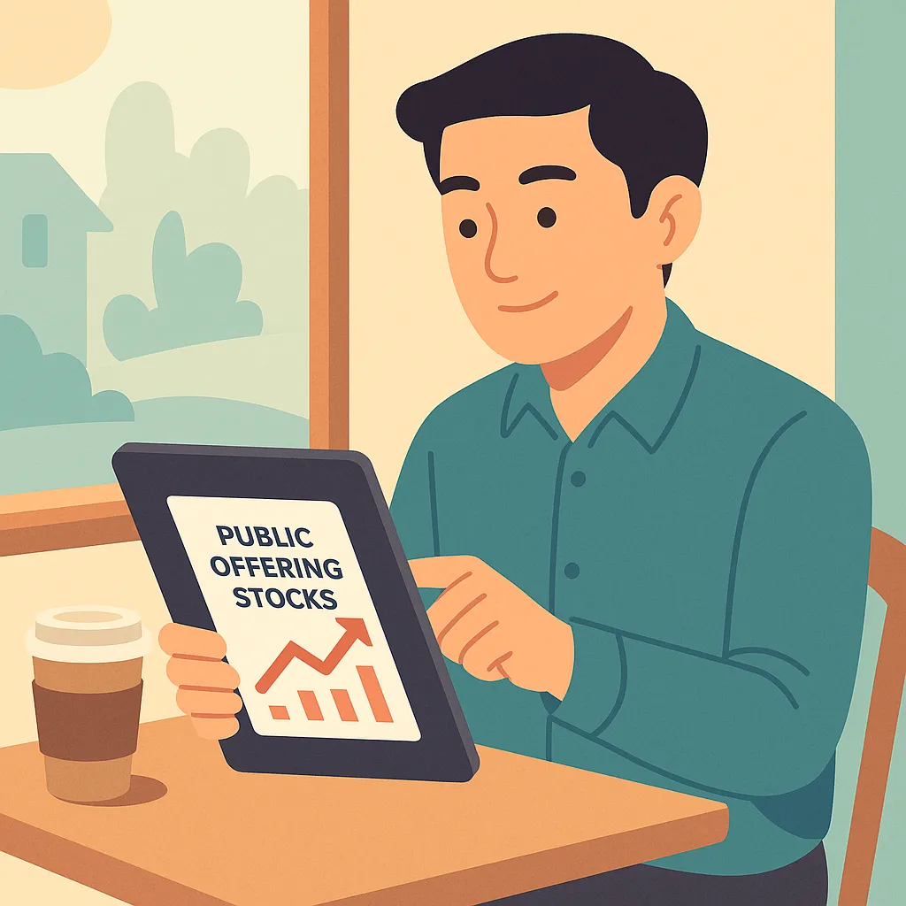 카페 창가에서 태블릿으로 공모주 확인하는 남성 일러스트