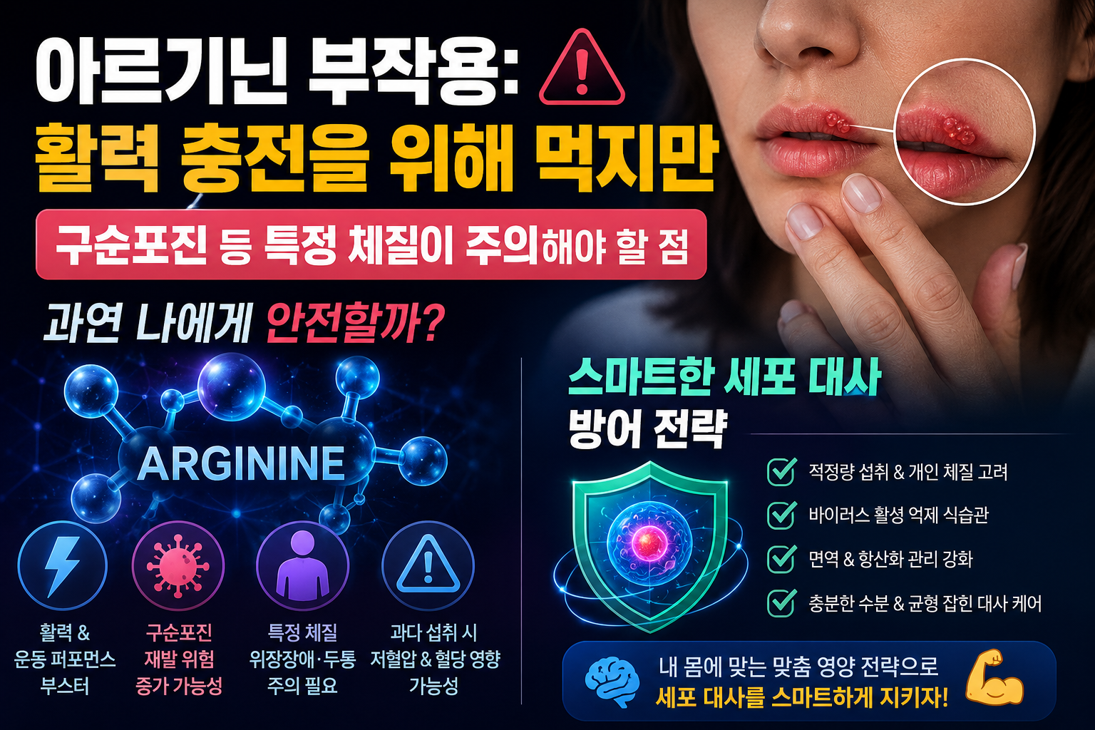 아르기닌 부작용: 활력 충전을 위해 먹지만 구순포진 등 특정 체질이 주의해야 할 점과 스마트한 세포 대사 방어 전략