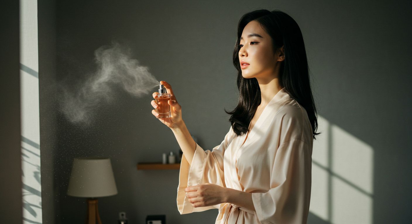 A stylish Korean woman spraying perfume in the air before dressing, sunlight streaming into a minimalistic room. 향수 지속력 높이는 법부터 옷과 피부에 뿌리는 요령, 레이어링 꿀팁까지! 향기 오래가는 뷰티 비법