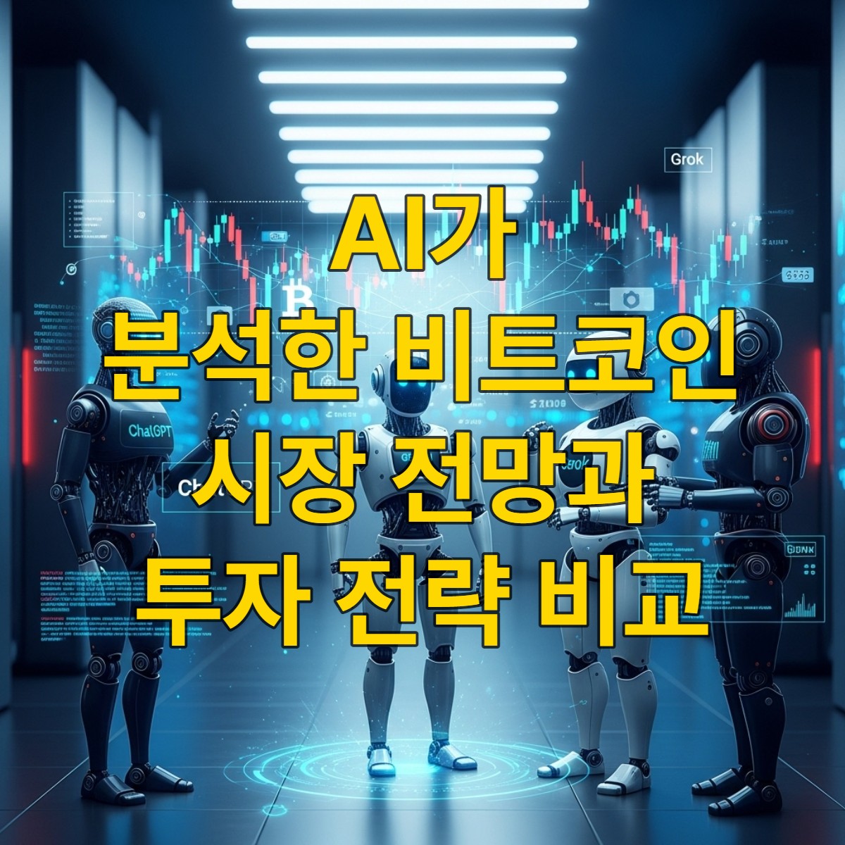 미래지향적인 AI 로봇 세 대(ChatGPT, Gemini, Grok)가 비트코인 가격 차트 홀로그램을 분석하는 모습. 파란색과 회색 톤의 디지털 공간에서 첨단 기술과 심층적인 시장 분석을 상징.
