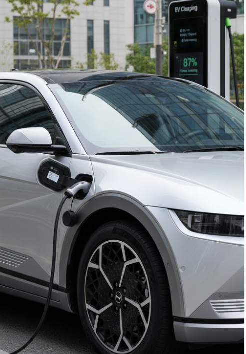 전기차 충전소에서 충전 중인 전기차와 충전 케이블이 연결된 모습