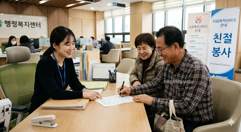 행정복지센터 방문하여 바우처 신청하는 장면