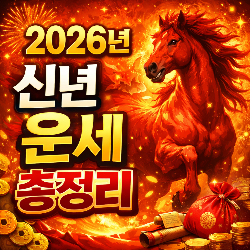 2026년 신년 운세 총정리 썸네일, 병오년 붉은 말과 재물 상징 이미지