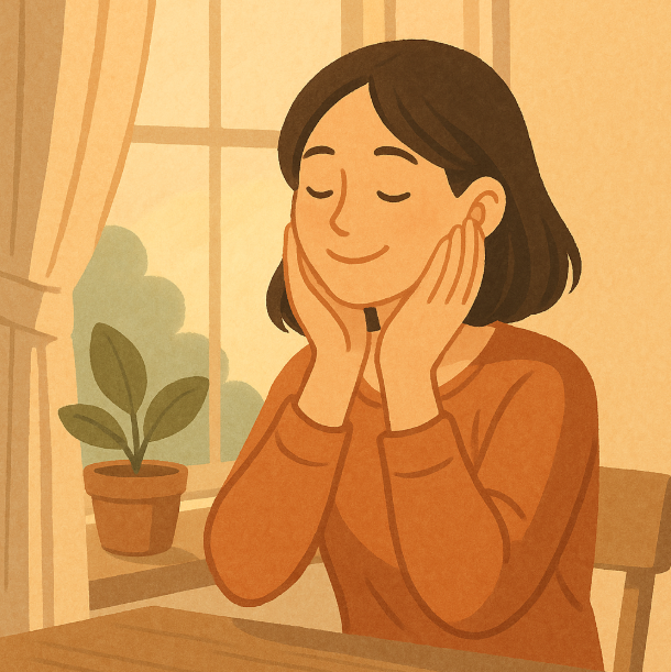 따뜻한 빛이 드는 방 안에서 자신에게 미소 짓는 사람