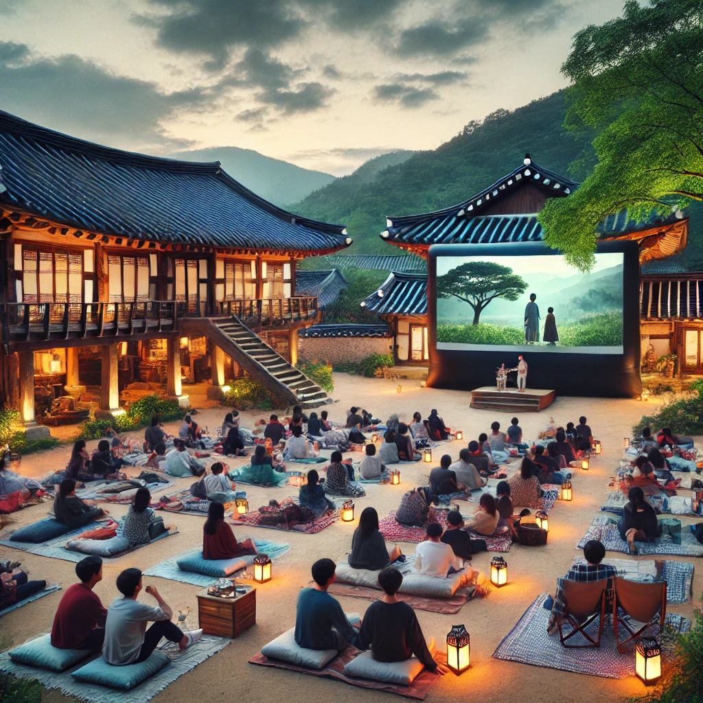 야외 상영 중인 한옥영화관 관련 이미지