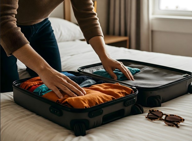 여행가방을 펼쳐놓고 짐을 싸고 있는 사진