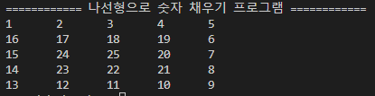 나선형으로 숫자 채우기 실행결과