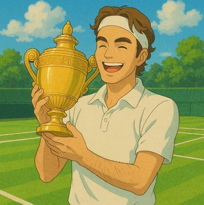 테니스 황제 로저 페더러가 우승컵을 들고 환하게 웃는 지브리 스타일 그림