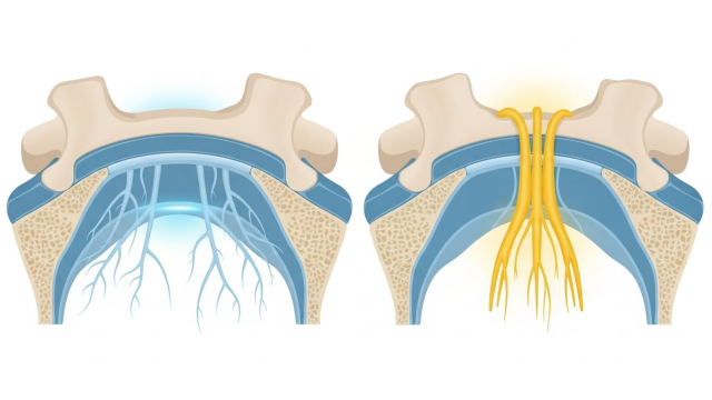정상 척추와 척추관이 좁아진 허리(협착증)를 나란히 비교한 단면도