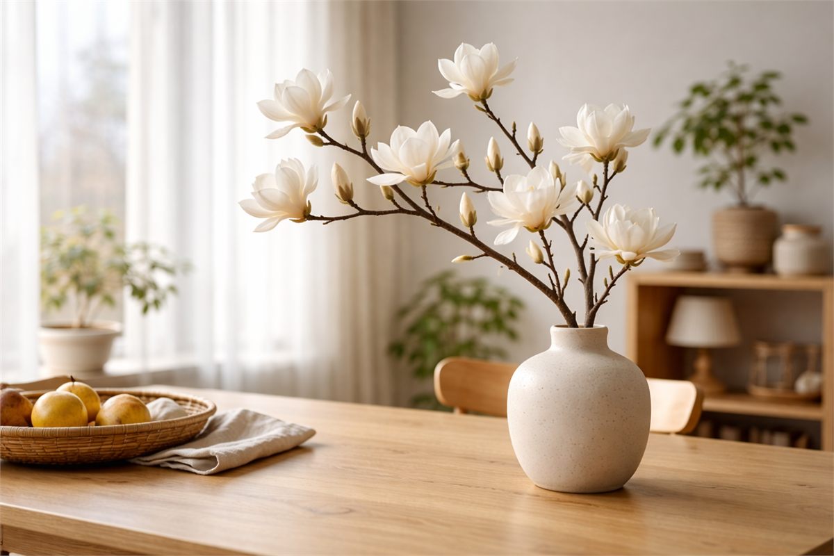 창가 테이블 위 화병에 꽂힌 목련 가지와 봄 분위기 