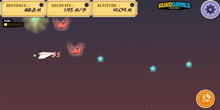 종이비행기-날리기-게임하기2-플레이-비행기를-조종하여-종이학을-먹고-달러를-획득하는-화면