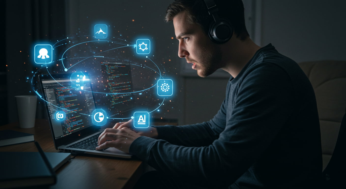 평범한 방에 앉아 AI 툴의 도움을 받으며 게임 개발에 몰두하고 있는 사람의 모습