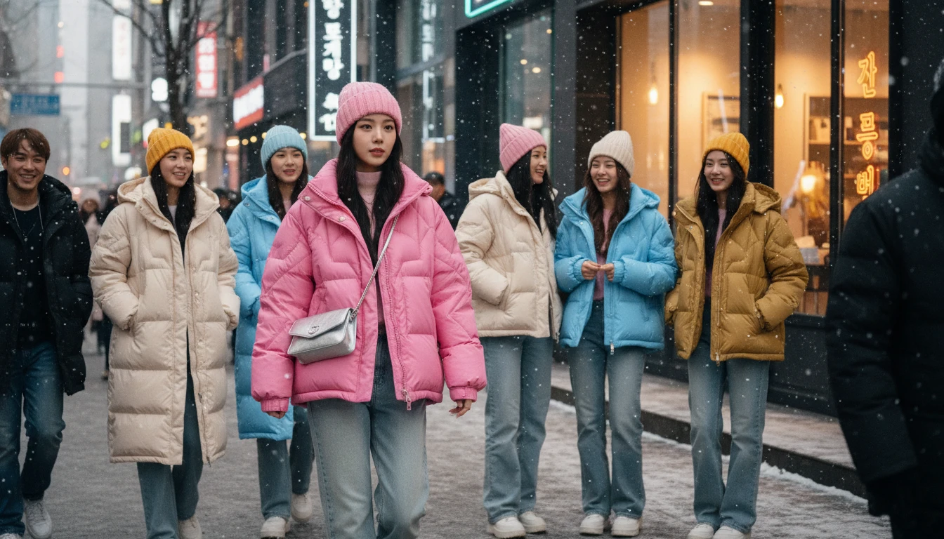2025년 겨울, 도시 거리에서 핑크, 스카이블루, 베이지 등 다채로운 컬러 패딩을 입고 활기차게 거니는 사람들이 보이며, 레드벨벳 슬기가 착용한 듯한 핑크 패딩이 특히 눈에 띄는 트렌디한 겨울 거리 풍경.