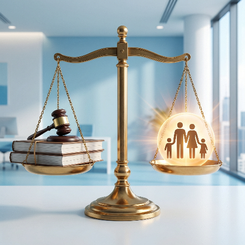 복지 혜택 산정의 기준이 되는 소득 수준과 가구 구성을 상징하는 저울과 가족 아이콘이 배치된 전문적인 느낌의 컨셉 사진. 깨끗하고 현대적인 분위기 속에서 공정한 기준을 시각화함