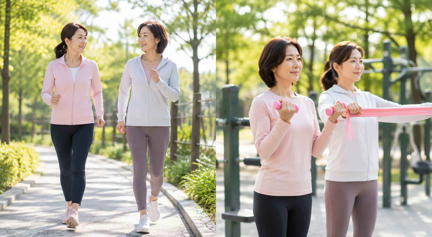 걷기와 가벼운 근력 운동으로 갱년기 건강을 관리하는 한국인 여성