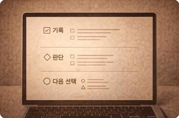 판단과 기록을 정리해 다음 선택으로 이어지는 구조를 보여주는 이미지
