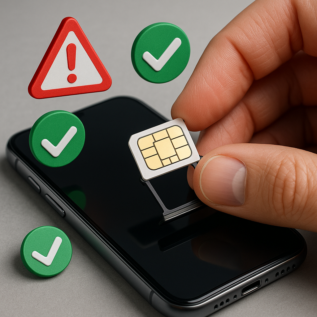 Close-up 3D render of a hand inserting a SIM card into a smartphone&amp;amp;#44; with caution symbols and green checkmarks floating around the device&amp;amp;#44; indicating correct and incorrect procedures.