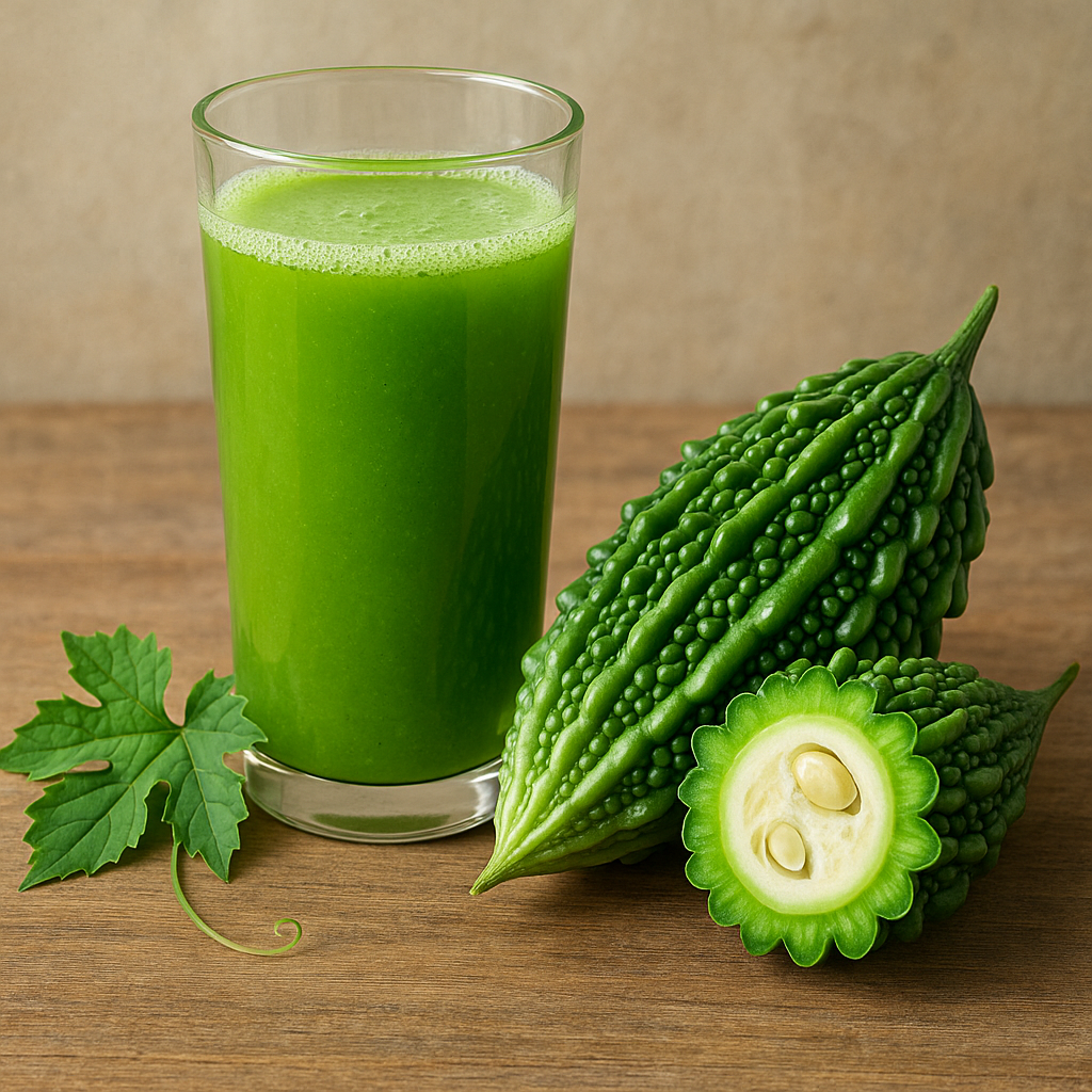 여주 열매 모습과 여주즙 쥬스 그림입니다.