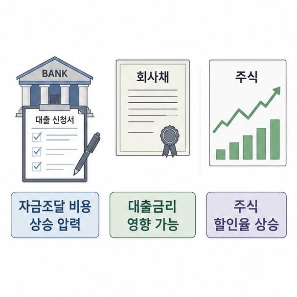높은 시장금리가 대출과 기업 자금조달 비용, 주식 평가에 영향을 줄 수 있음을 보여주는 그림