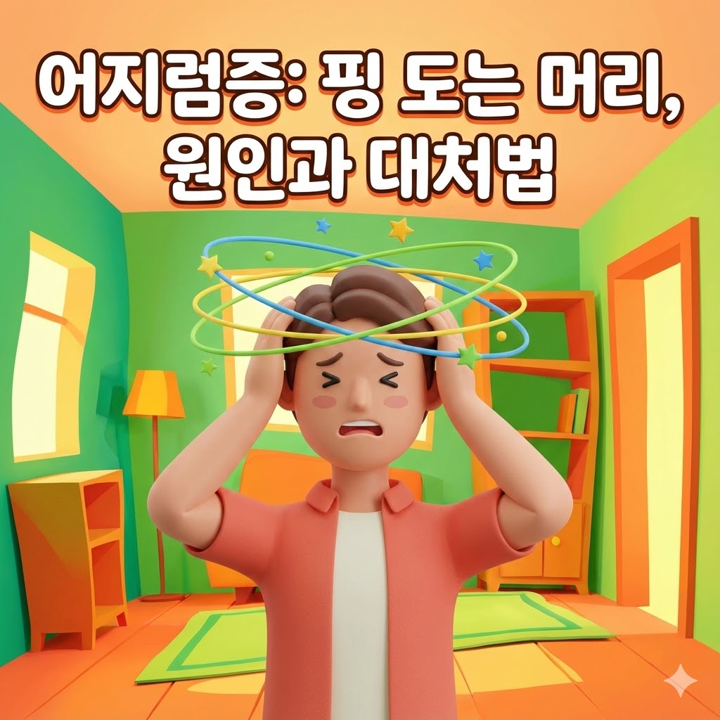 머리가 핑 도는 듯한 어지럼증을 느끼는 캐릭터와 '어지럼증: 핑 도는 머리, 원인과 대처법' 텍스트. 어지럼증의 원인과 대처법을 시각적으로 표현한 3D 카툰 일러스트.
