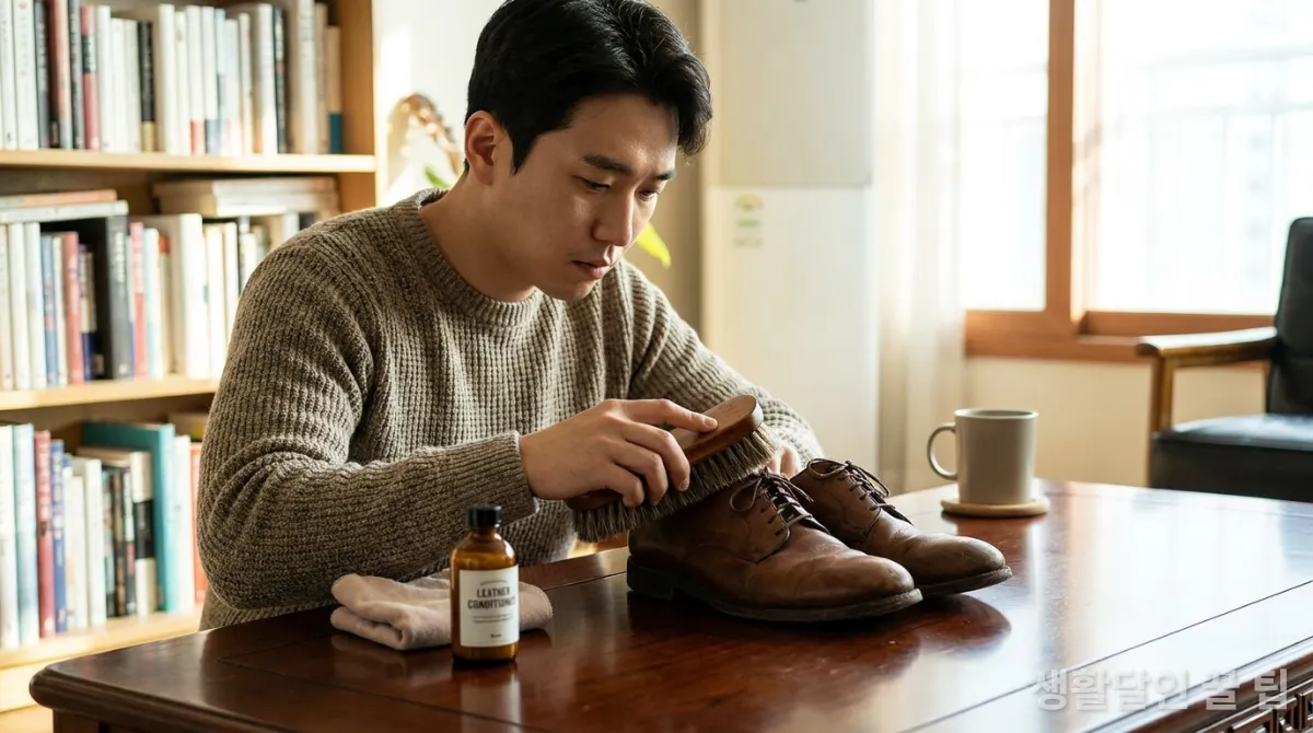 거실 테이블에서 갈색 가죽 구두를 닦는 젊은 한국 남성