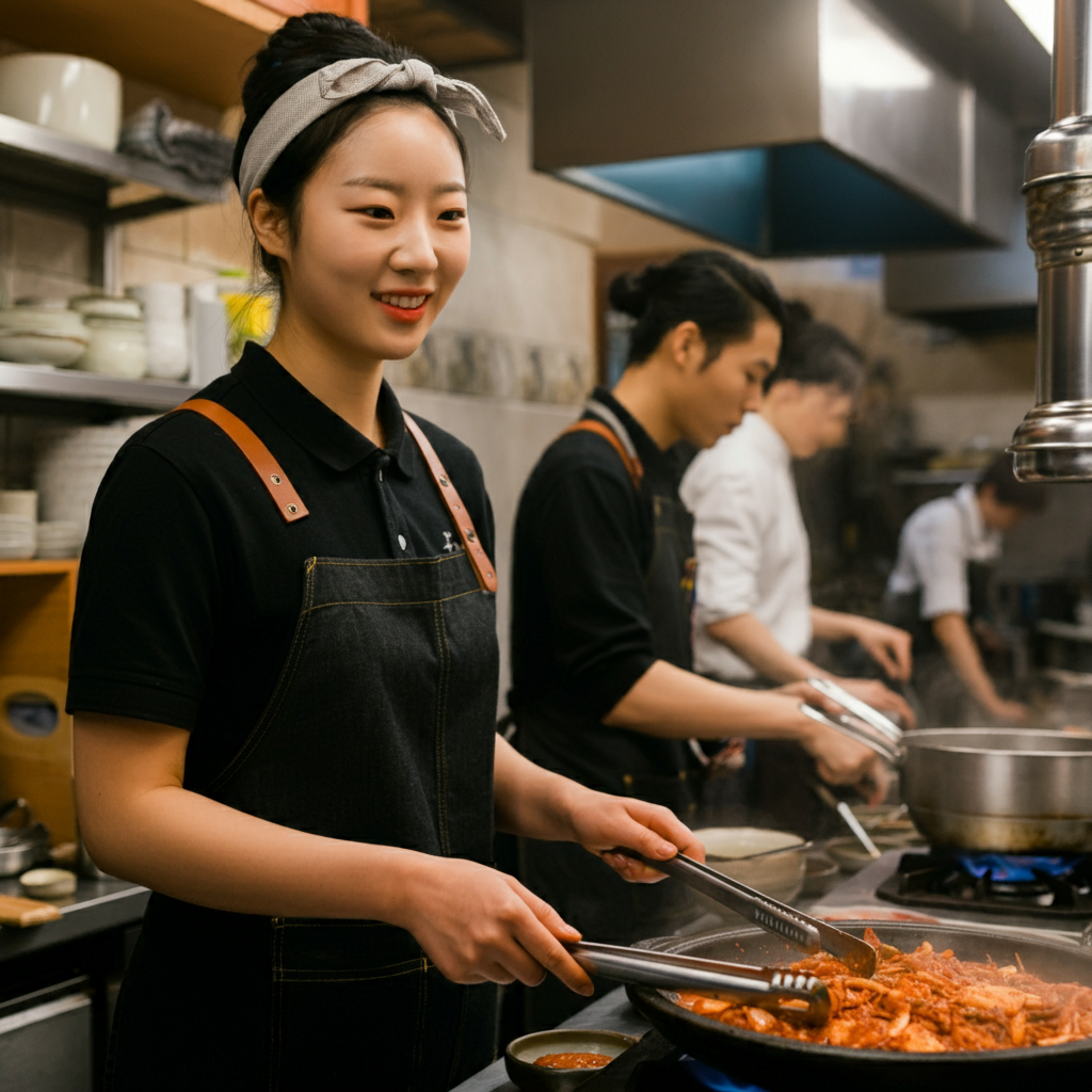 음식을 조리하는 젊은 여성