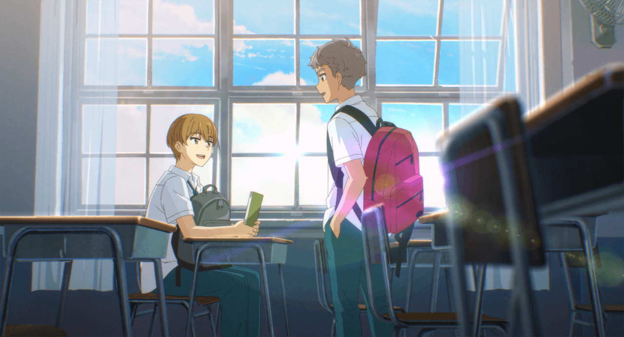 책상에 앉아있는 소년과 서서 그 소년을 바라보는 소년