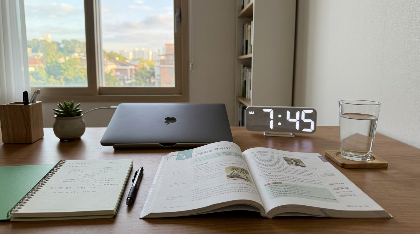 책상 위에 교과서&middot;물컵&middot;시계가 놓인 차분한 공부 공간
