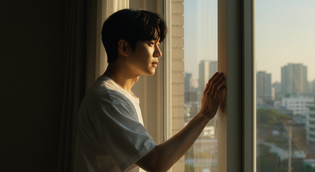 창문을 바라보며 생각에 잠긴 한국인 남성