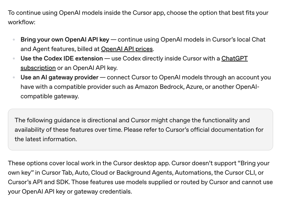 OpenAI 도움말의 세 가지 방법 목록과 내 키가 적용되지 않는 커서 기능을 적은 문단